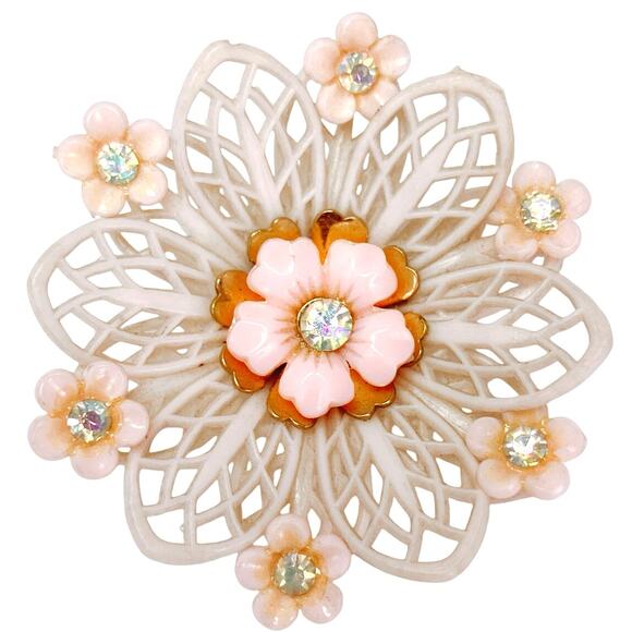 VTG Signed Coro 1950s Earrings Mid Century Thermoplastic Floral AB Rhinestones - Picture 3 of 13